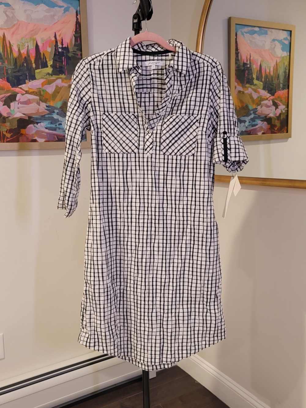 NWT Foxcroft Monochrome Plaid Long Sleeve Dress White with Black‎ Size 2